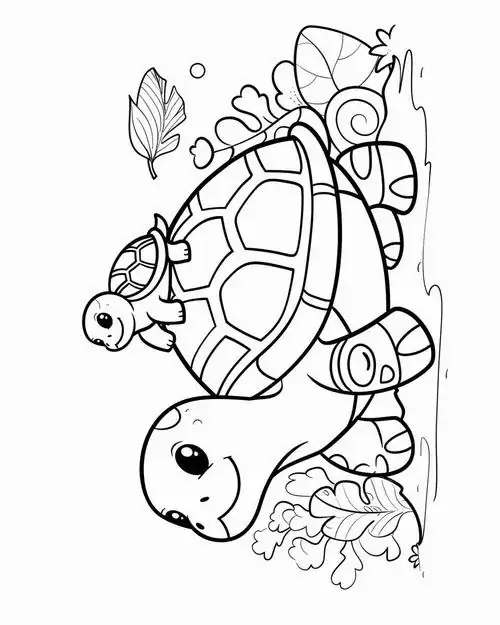 In trang tập tô màu hai chú rùa nhỏ đang quây quần bên nhau giữa thiên nhiên mang lại cảm giác ấm áp và gần gũi cho bản vẽ phác thảo loài rùa này.