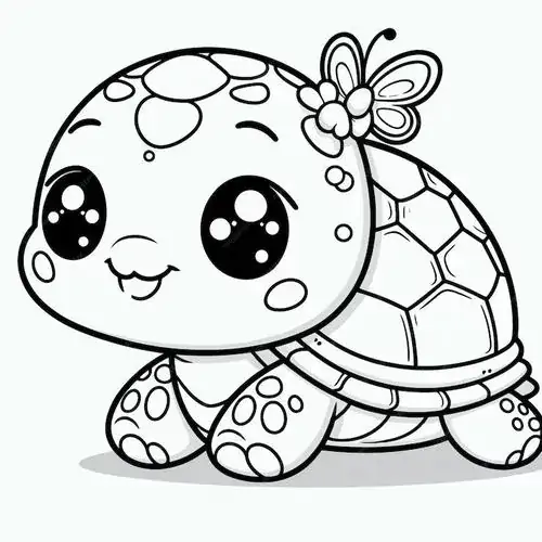 Một chú rùa con vô cùng đáng yêu với bông hoa cài trên đầu đang nhìn về phía trước bằng ánh mắt đầy sự kiên trì và vui vẻ.