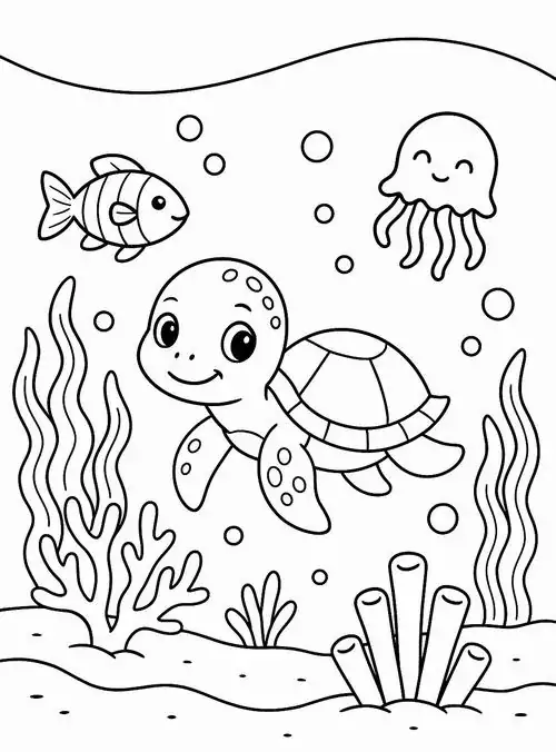 Thế giới dưới nước hiện lên sinh động với chú rùa đang bơi cùng những đàn cá nhỏ và đám rong biển dập dềnh theo làn sóng xanh.