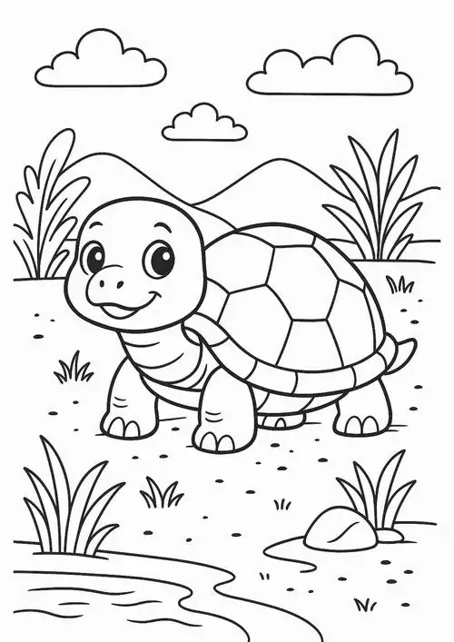 Một chú rùa có chiếc mai cao và cứng cáp đang đứng trên mặt đất phẳng lặng giữa bối cảnh thiên nhiên thoáng đãng của rùa cạn hoang dã.