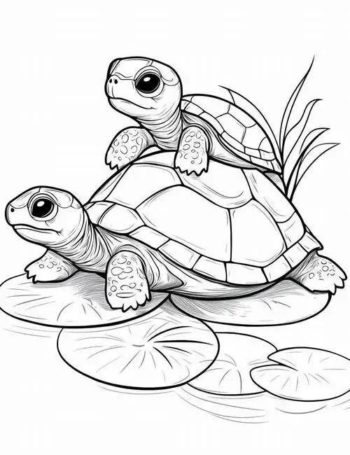 Hình vẽ rùa anh đang cõng chú rùa em nằm ngoan ngoãn trên lưng khi cả hai cùng nhau khám phá những lá sen xanh mướt cho trẻ 6 tuổi.