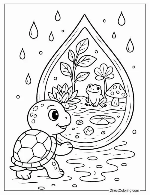 Chú rùa đứng bên cạnh một giọt nước khổng lồ chứa đựng cả một khu vườn nhỏ bên trong tạo nên hình họa tiết rùa biển rất độc đáo.