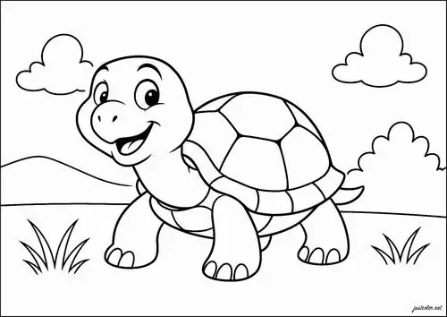 Tranh tô màu chú rùa nhỏ có gương mặt hớn hở đang dạo chơi trên bãi cỏ ven đường với những đám mây trôi lững lờ phía sau loài bò sát này.