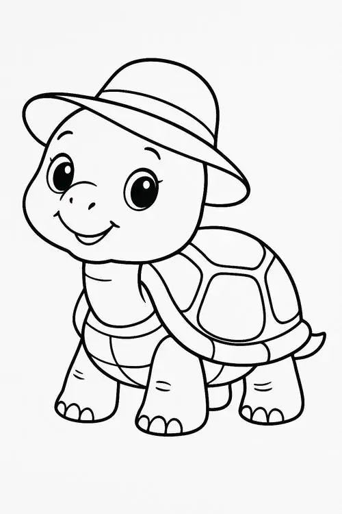 Trang tập tô màu chú rùa đội chiếc mũ nan xinh xắn đang mỉm cười thân thiện với đôi mắt tròn xoe trông rất lém lỉnh khi học nhận biết màu sắc cho bé 3 tuổi.