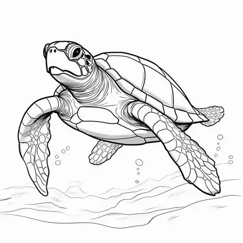 Bức vẽ nhìn từ trên cao mô tả một chú rùa biển đang sải những đôi chân chèo mạnh mẽ để lướt đi giữa làn nước biển trong vắt.