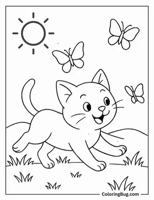 Trang tập tô màu chú mèo nhỏ đang chạy tung tăng đuổi theo cánh bướm trên đồng cỏ xanh mướt rất vô tư.