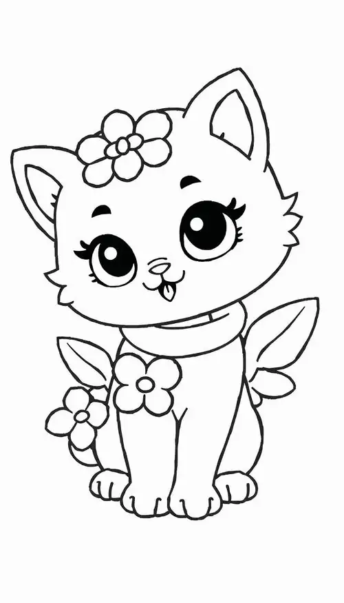 Bé mèo đội bông hoa lớn trên đầu đứng e thẹn giữa những ngôi sao lấp lánh trông rất duyên dáng.