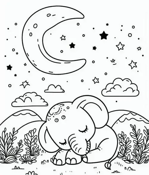 Hình ảnh bé voi con đang say giấc nồng trên vầng trăng khuyết giữa trời sao lung linh tạo nên một không gian thiên nhiên thật huyền ảo.