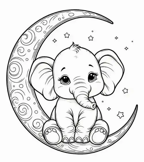 Tranh tô màu voi con ngồi vắt vẻo trên cung trăng lưỡi liềm trông thật ngộ nghĩnh và mang đậm chất cổ tích cho bé yêu thích trí thông minh.