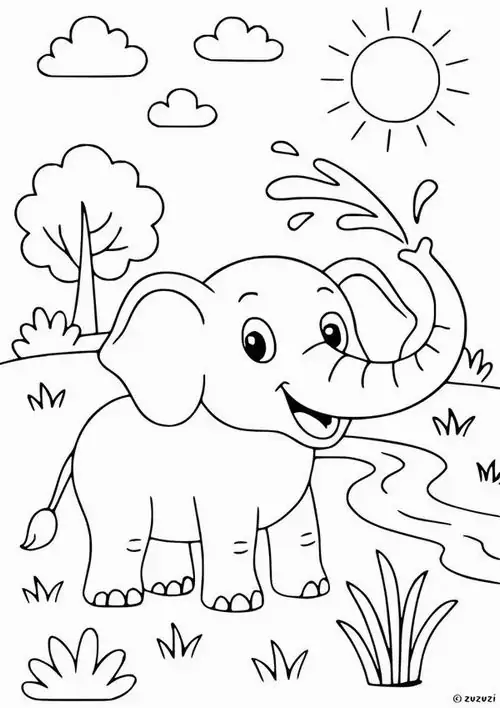 Chú voi đứng bên dòng suối nhỏ và phun nước lên cao tạo thành những tia nước lấp lánh dưới ánh mặt trời của thảo nguyên cho trẻ 4 tuổi.