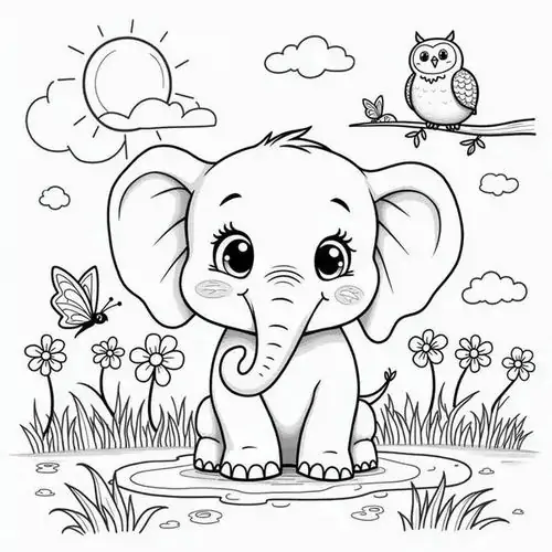 Chú voi nhỏ ngồi giữa vườn hoa có một bạn cú mèo đang đậu trên cành cây khô phía sau tạo nên sự đa dạng cho hệ sinh thái.