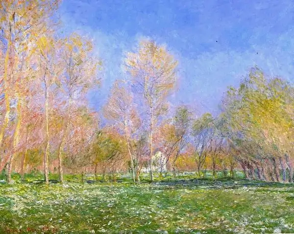 Springtime của Claude Monet ngập cỏ non và hàng cây mảnh, bảng màu xanh vàng tạo cảm giác nhẹ tênh.