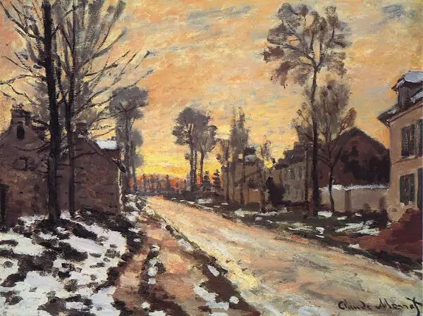 Road at Sunset, Winter Effect của Claude Monet với con đường làng, tuyết tan và ánh chiều vàng cam.