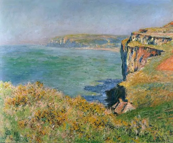 Cliff Walk at Pourville của Claude Monet với triền cỏ hoa bên biển, vách đá sáng và đường chân trời xa.