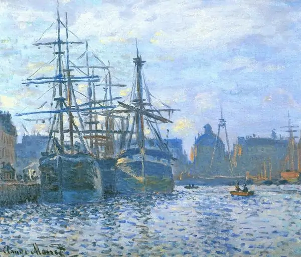 Ships in the Port of Rouen của Claude Monet tái hiện thuyền buồm lớn, làn nước xanh bạc và sương mờ.