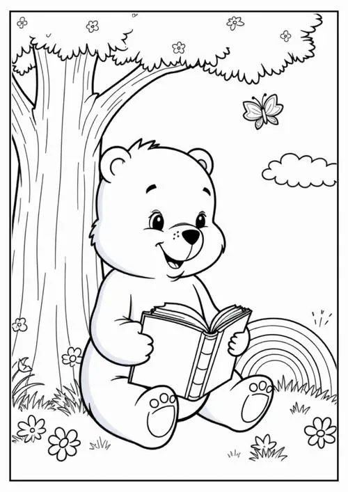 Phác thảo loài gấu đang ngồi tựa vào gốc cây già say sưa đọc cuốn sách yêu thích giữa không gian yên bình của khu rừng vắng.