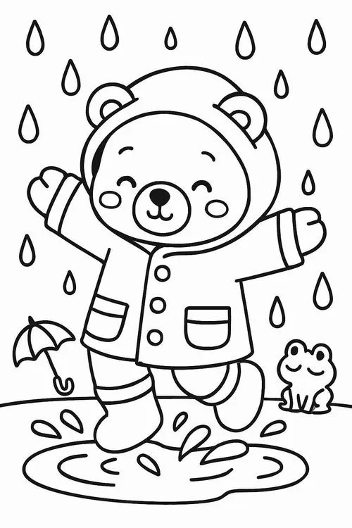 Bé gấu nhỏ tinh nghịch đang nhảy tung tăng giữa những vũng nước mưa đọng lại trên mặt đất với vẻ mặt vô cùng phấn khích.