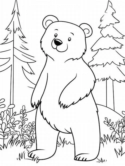 Chú gấu lớn đứng vươn mình giữa những cây thông cao vút khoe vẻ đẹp mạnh mẽ với đôi móng vuốt ngắn đã được vẽ hiền hòa cho bé 3 tuổi.