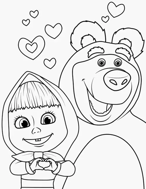 Cô bé Masha tinh nghịch đang đứng cạnh chú gấu lớn tốt bụng trong bối cảnh những trái tim bay bổng thể hiện tình bạn ấm áp.