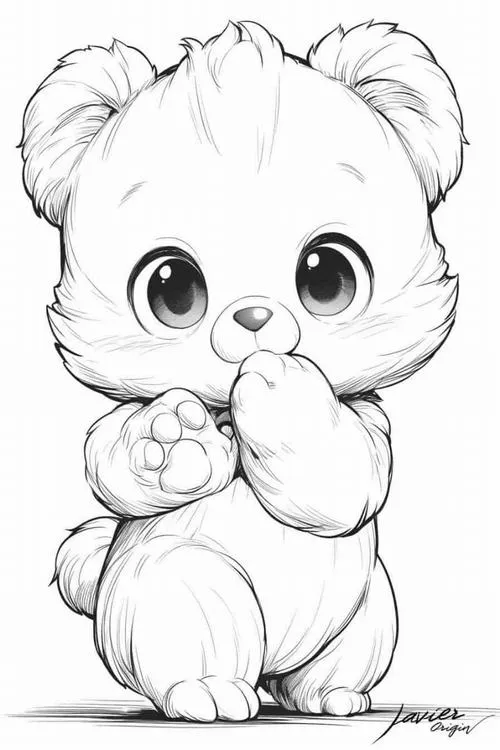 Chú gấu nhỏ có đôi mắt to tròn long lanh nhìn thẳng về phía trước với vẻ mặt ngây thơ và đôi bàn tay chắp lại.