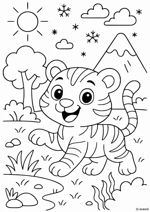 Khung cảnh em hổ nhỏ ngồi giữa đồng cỏ có mặt trời tỏa sáng và những ngọn núi phía xa tạo nên một bức tranh thiên nhiên đẹp.