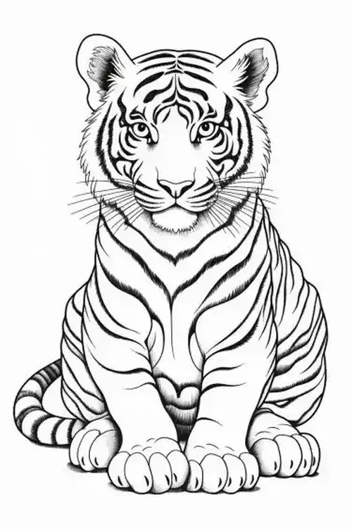 Trang tập tô màu mini đang ngồi nhìn trực diện với bộ lông nhiều sọc vằn phức tạp giúp bé nâng cao khả năng quan sát họ nhà mèo.