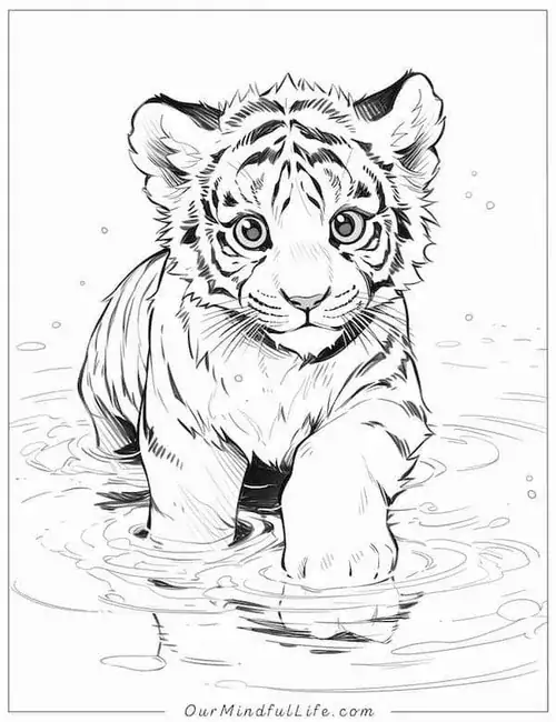 Hình ảnh chú cọp con đang đùa nghịch với nước trong một cái ao nhỏ mang lại không khí mát mẻ và đầy bản năng hoang dã cho bé 3 tuổi.