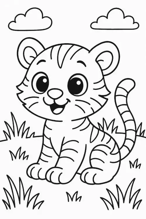 Chú hổ hoạt hình đang ngồi trên bãi cỏ xanh với nụ cười rạng rỡ và đôi mắt híp lại vì hạnh phúc trong môi trường tự nhiên.