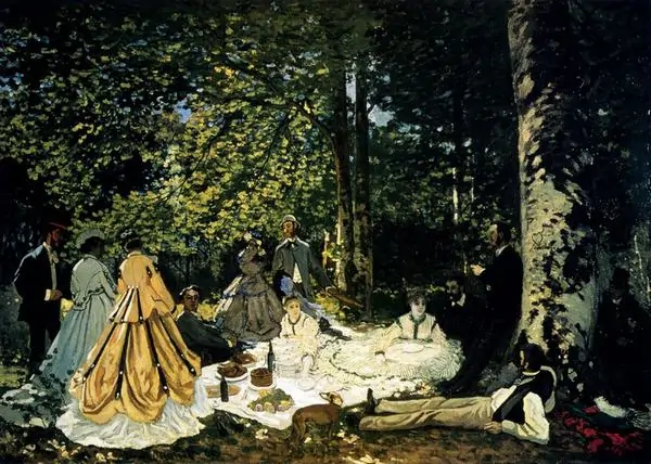 Le Déjeuner sur l Herbe của Claude Monet khắc họa buổi dã ngoại trong rừng, bóng tối và khoảng sáng tương phản.