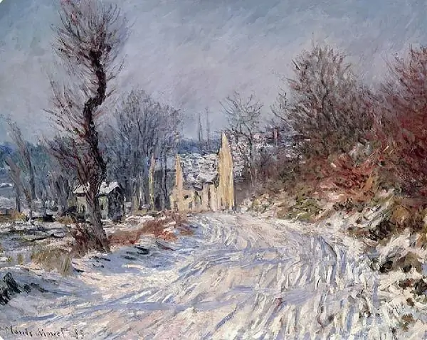 The Road in Winter at Giverny của Claude Monet có con đường tuyết trắng, hàng cây trơ cành và ánh lạnh.