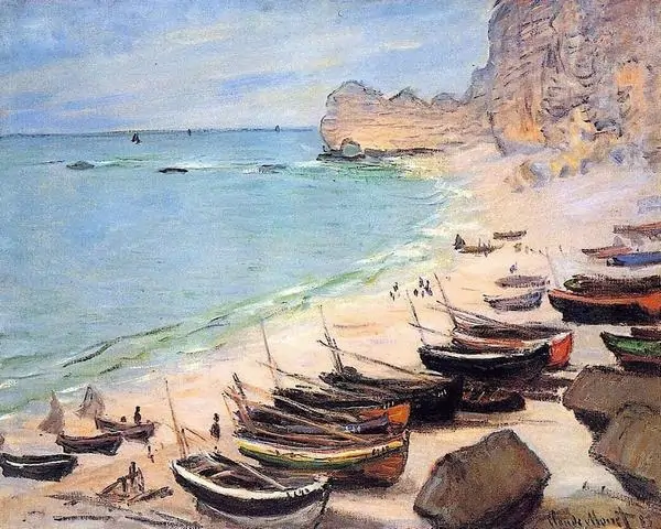 Boats on the Beach at Etretat của Claude Monet cho thấy bờ biển yên, thuyền nhỏ neo sát mép nước.