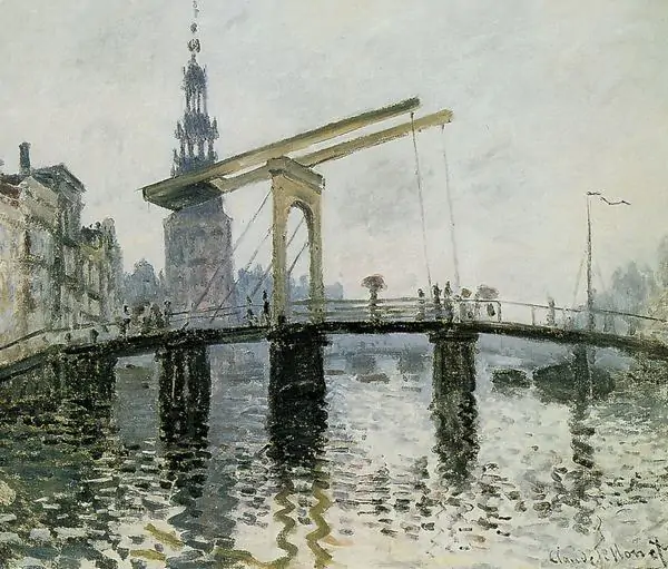 The Bridge at Amsterdam của Claude Monet với cây cầu mở, mặt nước xám bạc và không khí cảng rất tĩnh.