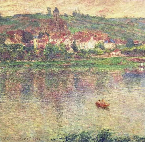 Vetheuil của Claude Monet nhìn từ mặt sông, thị trấn mờ ảo trong lớp màu hồng xanh và phản chiếu dịu.
