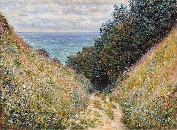 Path in the Wheat Fields at Pourville của Claude Monet với lối mòn giữa triền cỏ, trời biển xanh thoáng đãng.