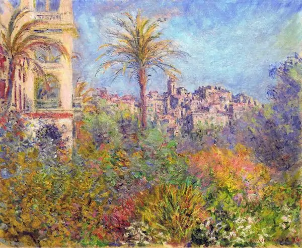 Antibes Seen from the Salis Gardens của Claude Monet ngập nắng, cây cọ và sắc màu Địa Trung Hải rực rỡ.