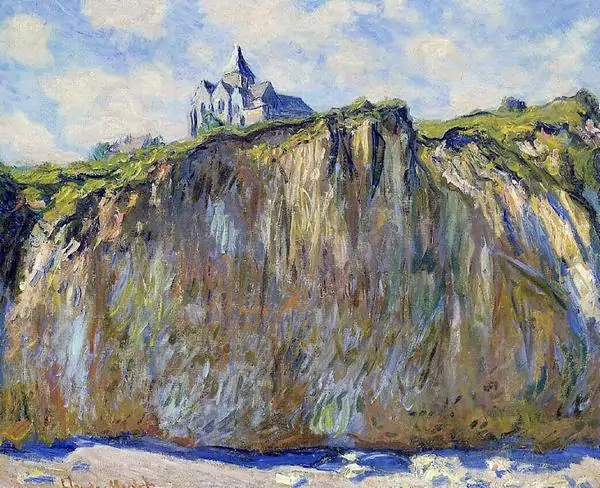 The Church at Varengeville and the Gorge of Les Moutiers của Claude Monet với vách đá lớn và trời biển rộng.