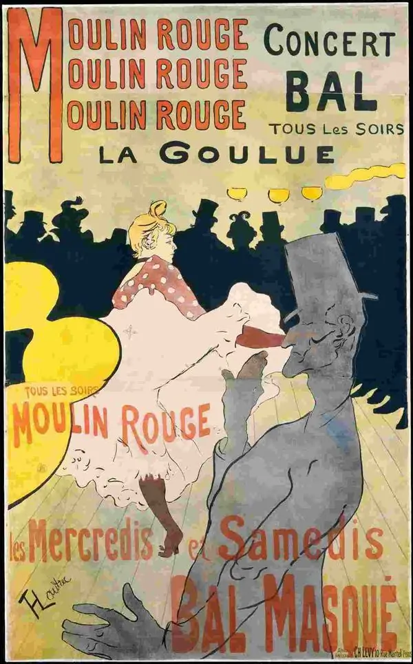 1891: Moulin Rouge: La Goulue: Thành công lớn nhất của Toulouse-Lautrec nằm ở việc nâng tầm quảng cáo, mà trước đây chỉ được coi là thương mại và do đó với các nghệ sĩ là sự nghiệp thấp cấp hơn khi tính tới vị thế của một hình thái nghệ thuật.