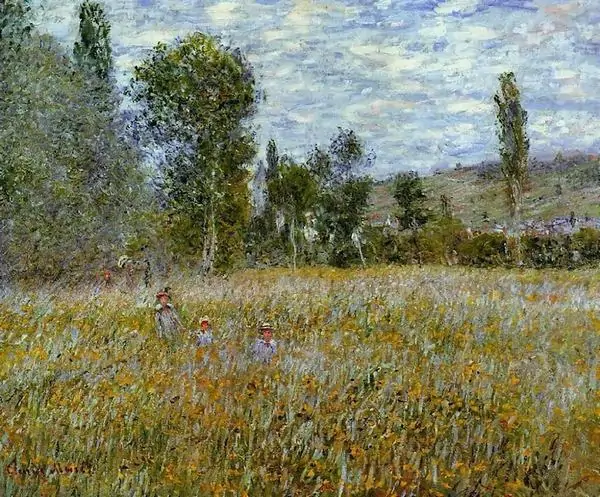 Springtime Landscape của Claude Monet mở ra cánh đồng hoa và hàng cây xa, bầu trời sáng nhẹ rất thanh bình.