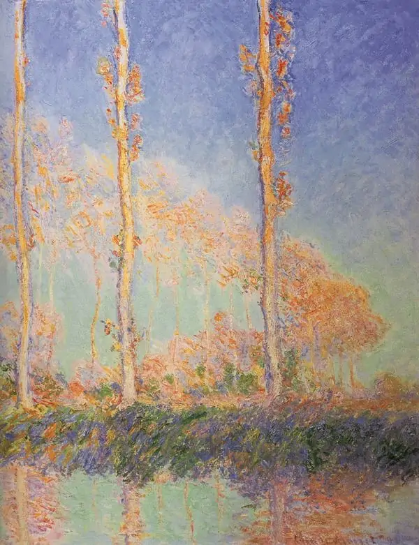 Poplars on the Epte của Claude Monet bừng sáng trong sắc cam hồng, phản chiếu lung linh trên mặt nước yên.