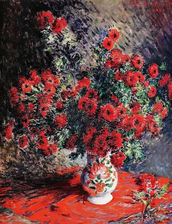 Bình hoa Poppies của Claude Monet với cụm hoa đỏ rực, nền tối sâu, nét cọ dày tạo cảm giác sống động.