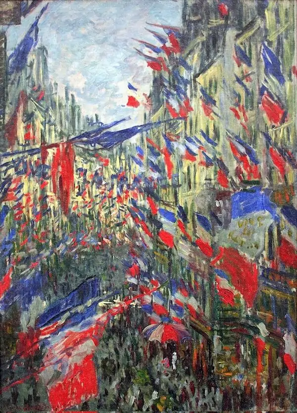 Rue Montorgueil, Paris. Festival of June 30, 1878 của Claude Monet rực cờ hoa, không khí lễ hội đầy chuyển động.