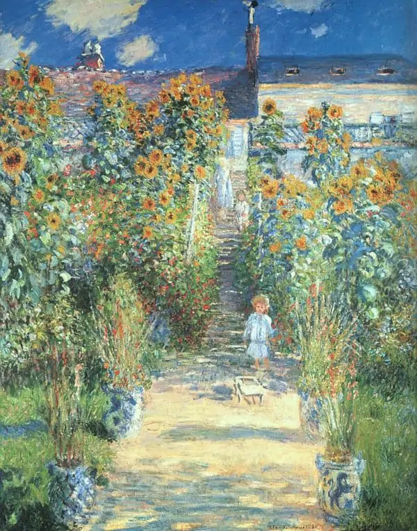 The Artist's Garden at Giverny của Claude Monet hiện lên qua lối đi ngập hoa, ánh sáng mềm và sắc màu tươi.