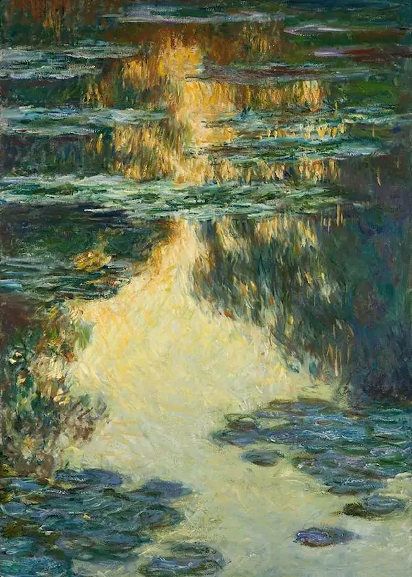 Water Lilies của Claude Monet với mặt nước phản chiếu vàng xanh, không gian mơ màng và chiều sâu rất dịu.