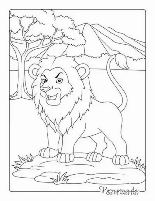 Hình ảnh chú sư tử mặc bộ đồ thám hiểm cầm kính lúp soi dấu chân trên nền cát sa mạc khô cằn đầy bí ẩn.