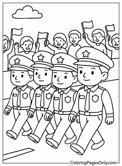 Tranh tô màu người lính đứng nghiêm trang giữa rừng cờ hoa rực rỡ, trang phục tề chỉnh cùng nụ cười hiền lành tạo thiện cảm cho trẻ 4 tuổi.