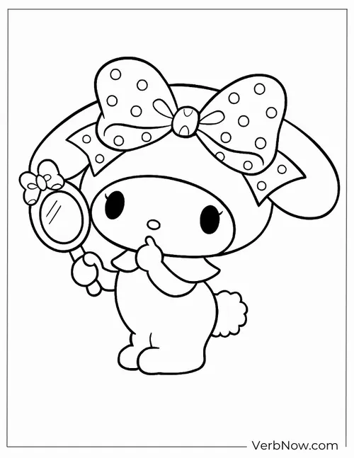 Bé thỏ My Melody đội chiếc nơ chấm bi khổng lồ, tay cầm bó hoa nhỏ, bước chân nhún nhẹ như đang đi dạo trong buổi chiều dịu