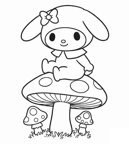Bộ tranh tô màu My Melody ngồi trên cây nấm lớn giữa cụm nấm con, hai tay ôm ngực và gương mặt tròn xoe trông thật nền nã
