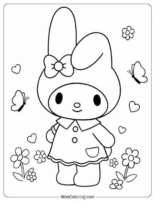 My Melody mặc váy ngắn đứng giữa hoa và bươm bướm li ti, hai chân khép gọn, ánh nhìn thẳng và dáng vẻ cực kỳ đằm thắm