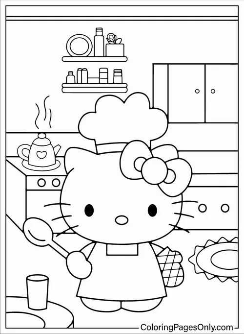 Hello Kitty đứng trong căn bếp nhỏ cạnh bàn và kệ chén, váy yếm gọn gàng cùng chiếc nơ quen thuộc làm khung hình thêm ấm cho trẻ 2 tuổi