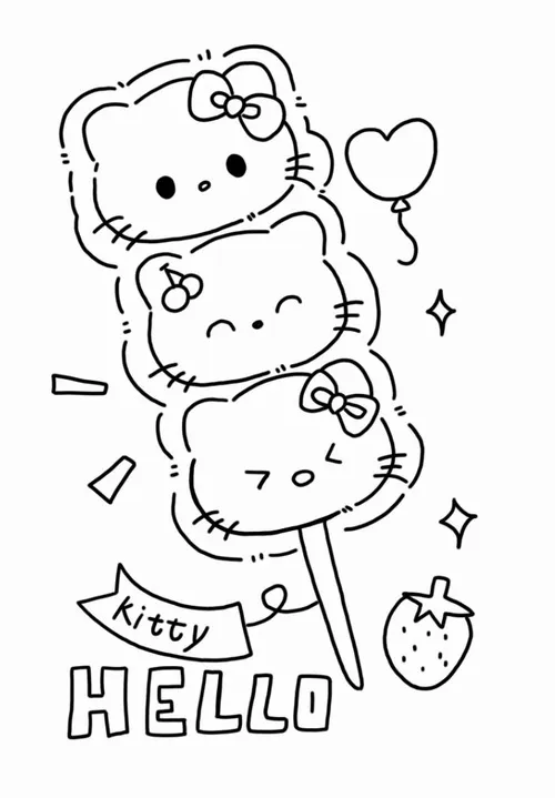 Tranh phác thảo phong cách Nhật Bản có ba bạn Hello Kitty chồng lên nhau như một cột vui nhộn, tay cầm bóng bay và quả dâu nhìn rất đáng yêu